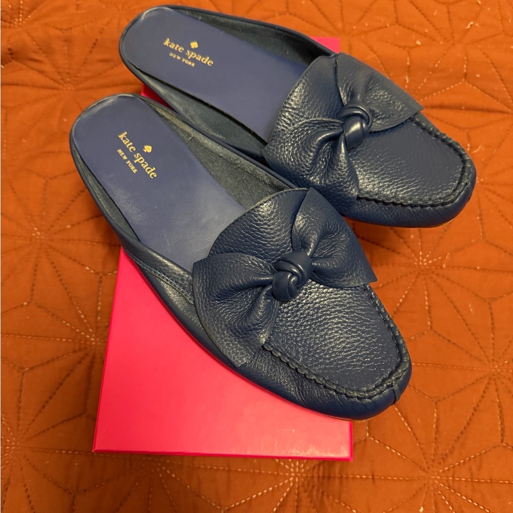 kate spade Navy Leather Knot Bow Slide Mules